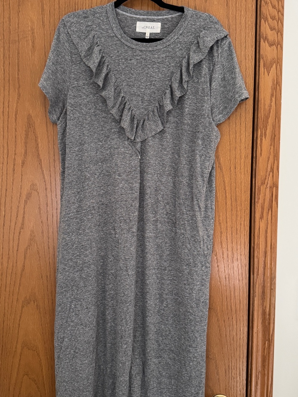 THE GREAT. Heather Gray Ruffle Maxi Dress